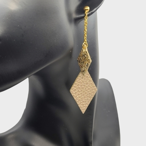 VEGAN Leather Dangle Post Earrings In Gold And Metallic Cream - Picture 10 of 10